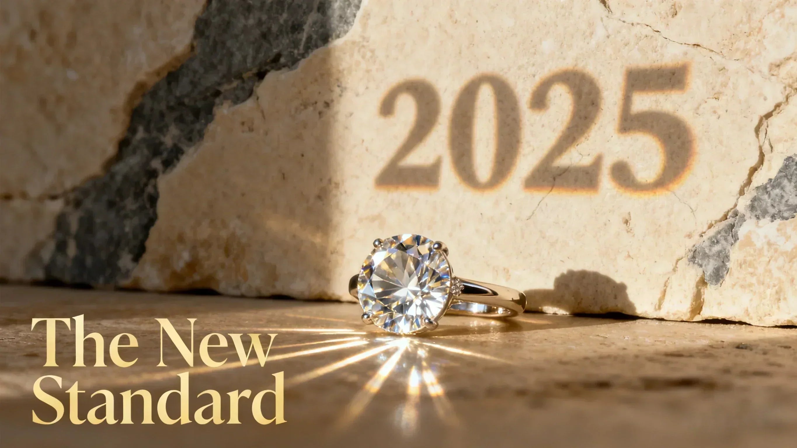 Close-up of a lab-grown diamond ring reflecting light with '2025' shadow and text 'The New Standard'