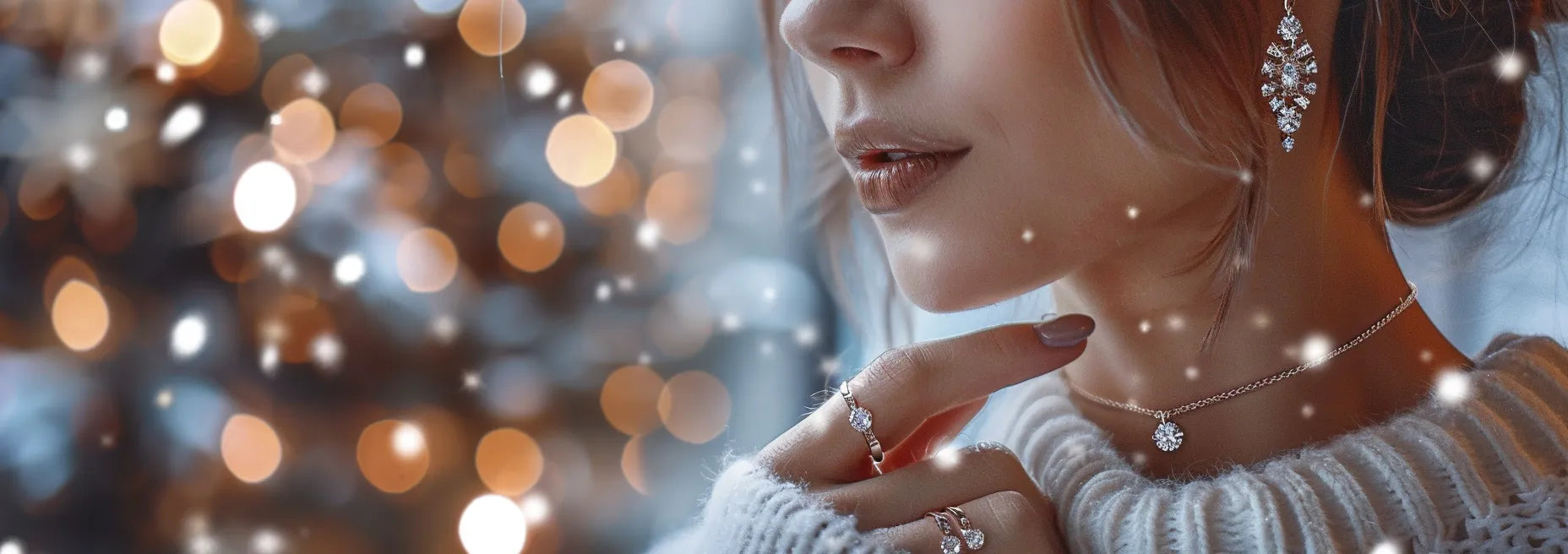 Beautiful woman wearing multiple cultured diamond rings on her fingers, festive red green gold Christmas luxury theme.