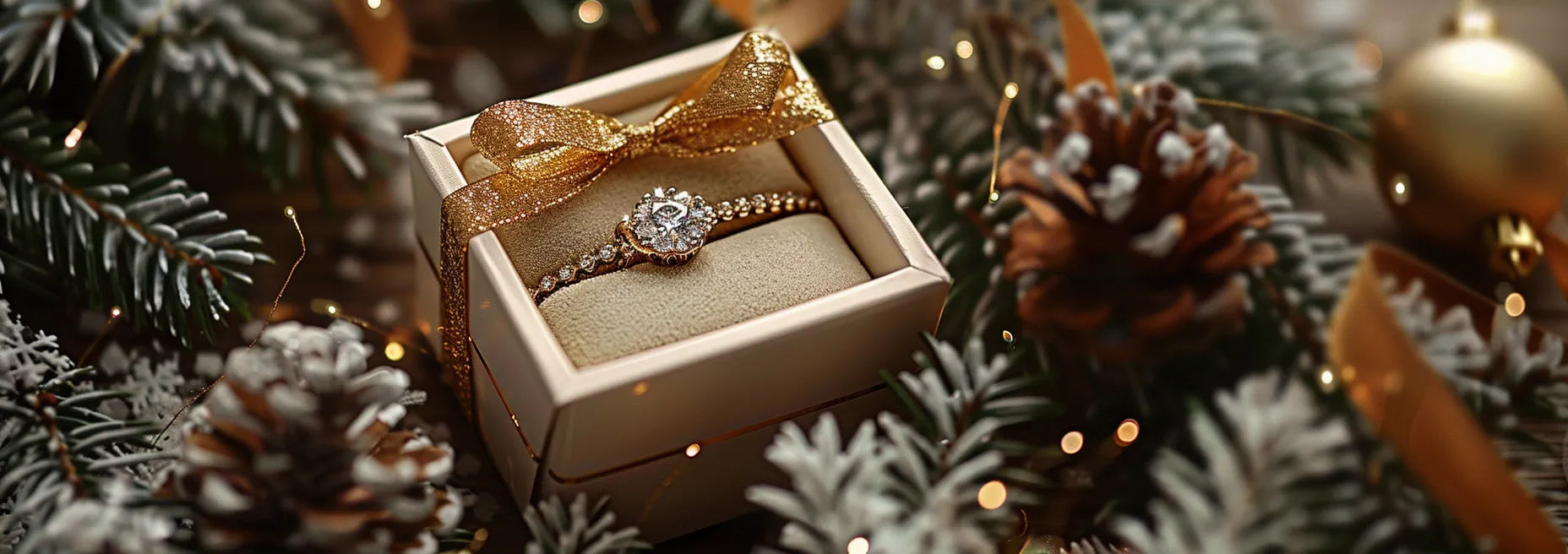 Elegant diamond jewelry Christmas gift banner with green and red festive background